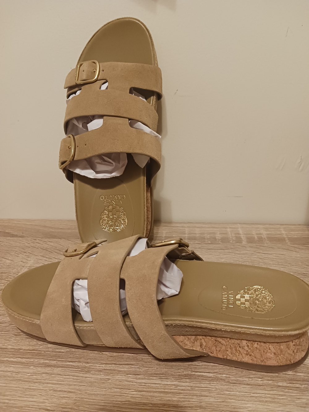 Vince Camuto Suede Double-Buckle Slide Sandals in Tan - Picture 8 of 9